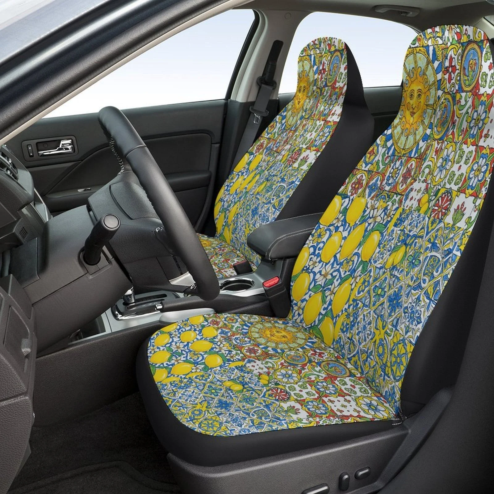 Car Seat Cover Set Featuring A Lemon Pattern, Suitable For Various Vehicles. Stylish And Durable, This Complete Set Includes Cov