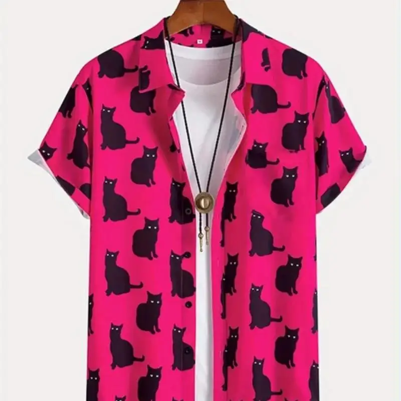 

Summer Cute Cat Print Shirt Men's Casual Short Sleeve Hawaiian Casual Button Lapel Shirt For Summer Men Clothing Streetwear