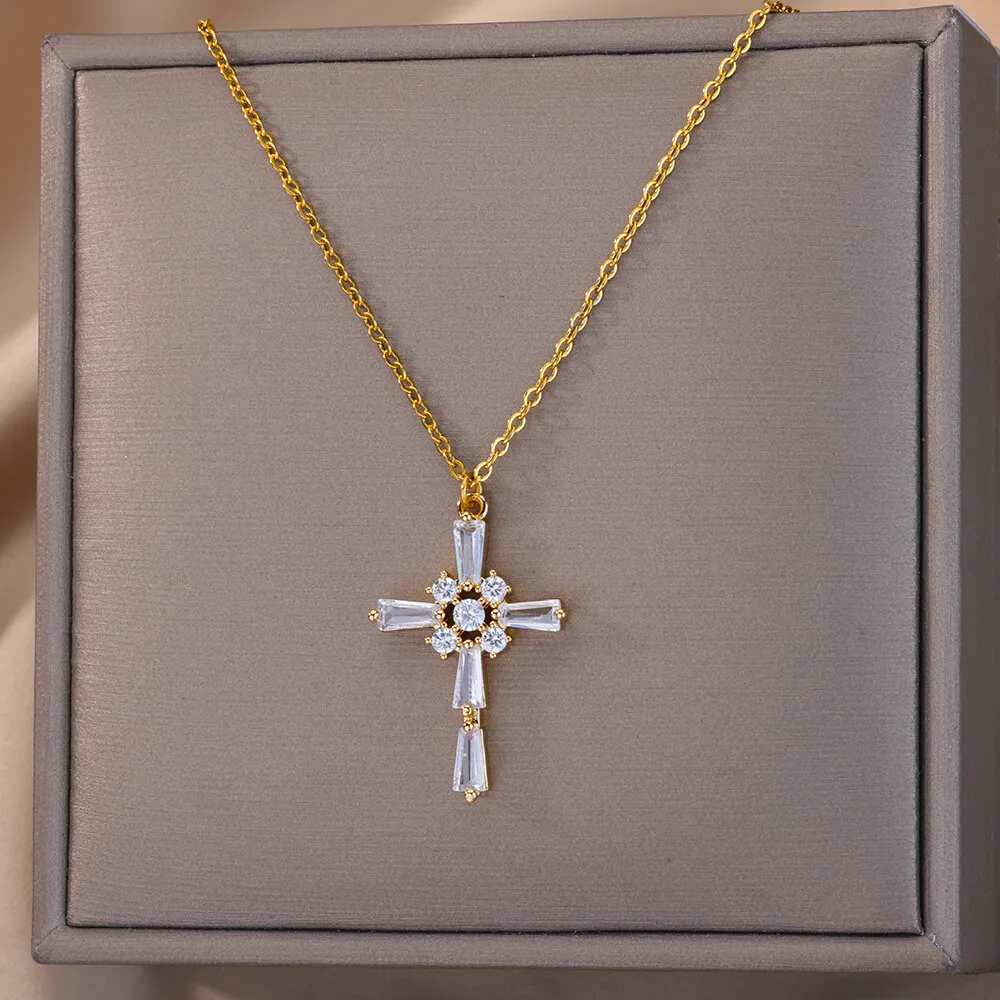 Zircon Cross Necklaces For Women Men Gold Color Neck Chain Pendant Necklace Male Female Fashion Jewelry Birthday Gift