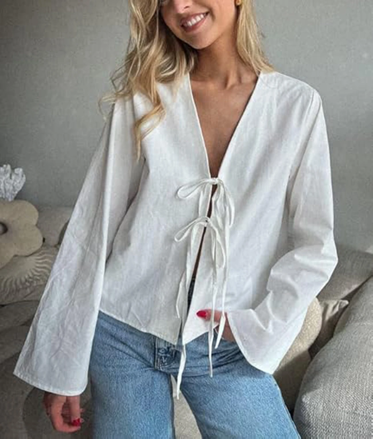 

WXOY Women Y2K Shirts Summer Tie Front Top Flare Sleeve V Neck Going Out Coquette Clothes Casual Lace Up Bow Blouses