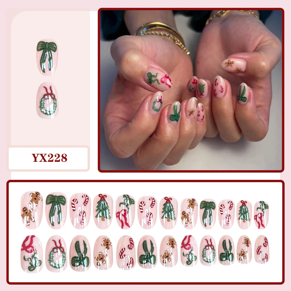Christmas Press on Nails Short Round Fake Nails Nude Pink Base Gingerbread Man Christmas Tree Bow Glossy False Nails for Women