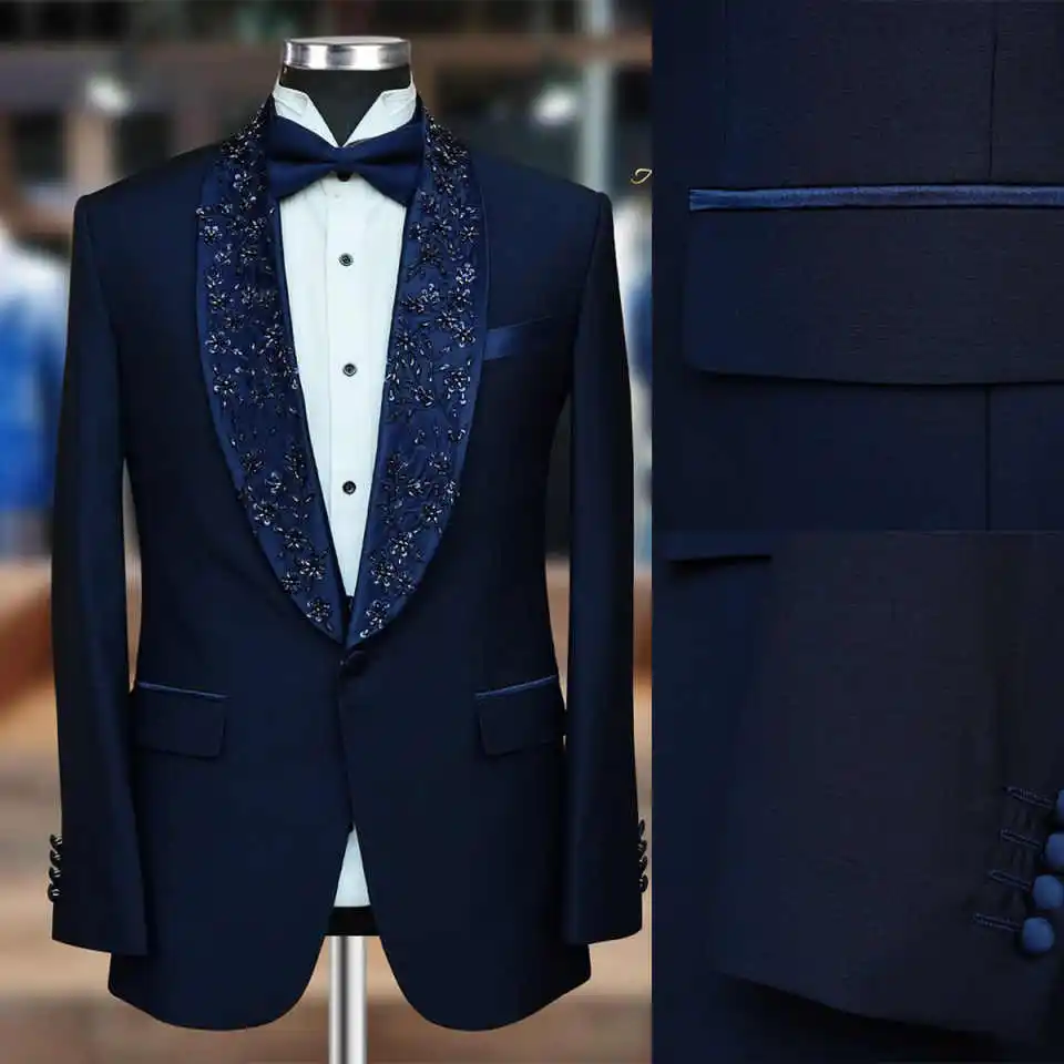 

Modern Wedding Grooms Tuxedos 2 Piece Jacket Pants Shawl Lapel Double Breasted Crystals Mens Formal Evening Prom Suit Customized