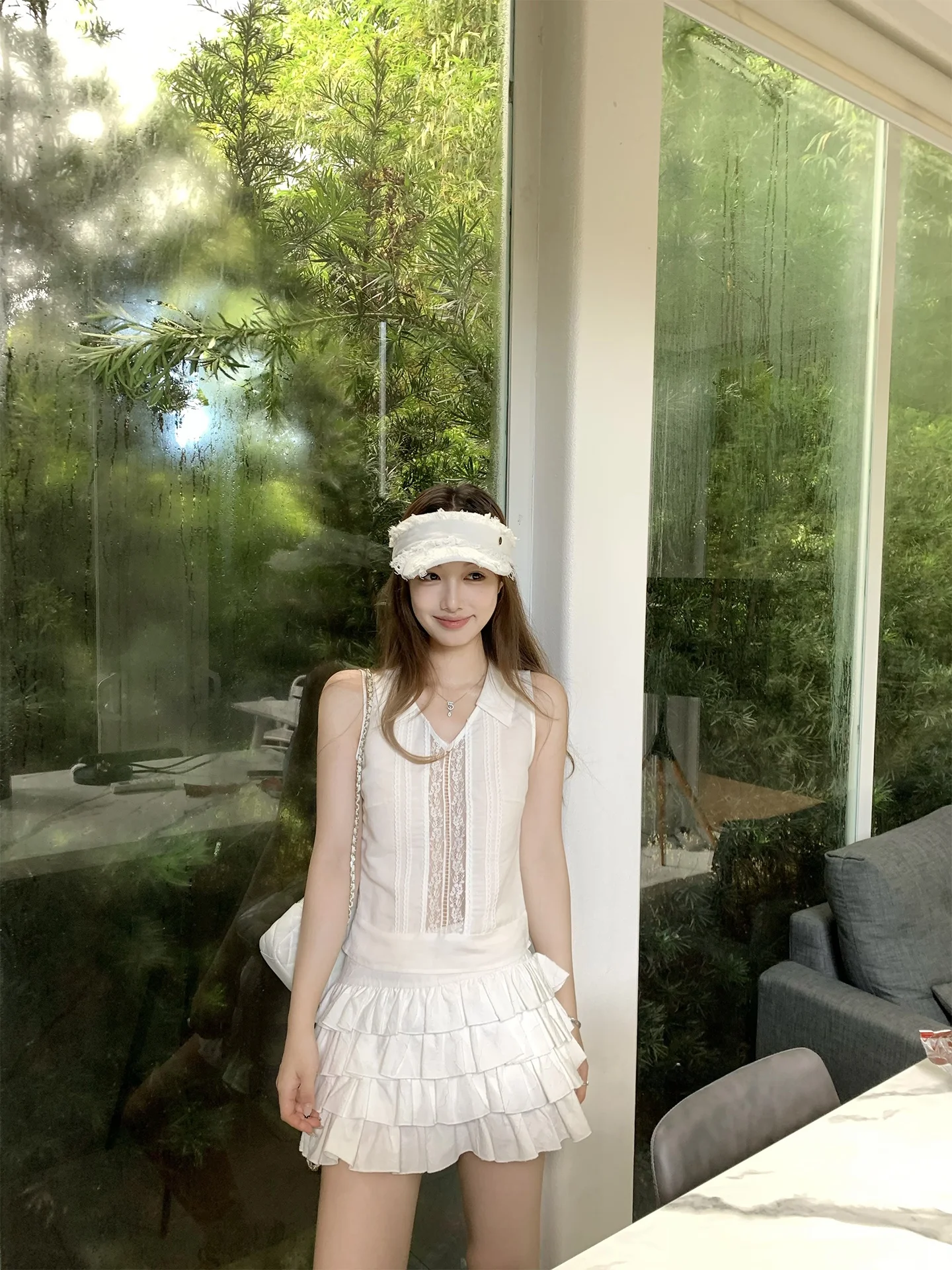 

Bankelili Gentle Mist Jasmine Women's Sleeveless V-neck Hollow out Lace Trim Vest Soft Cotton Summer Fashion Casual Shirt