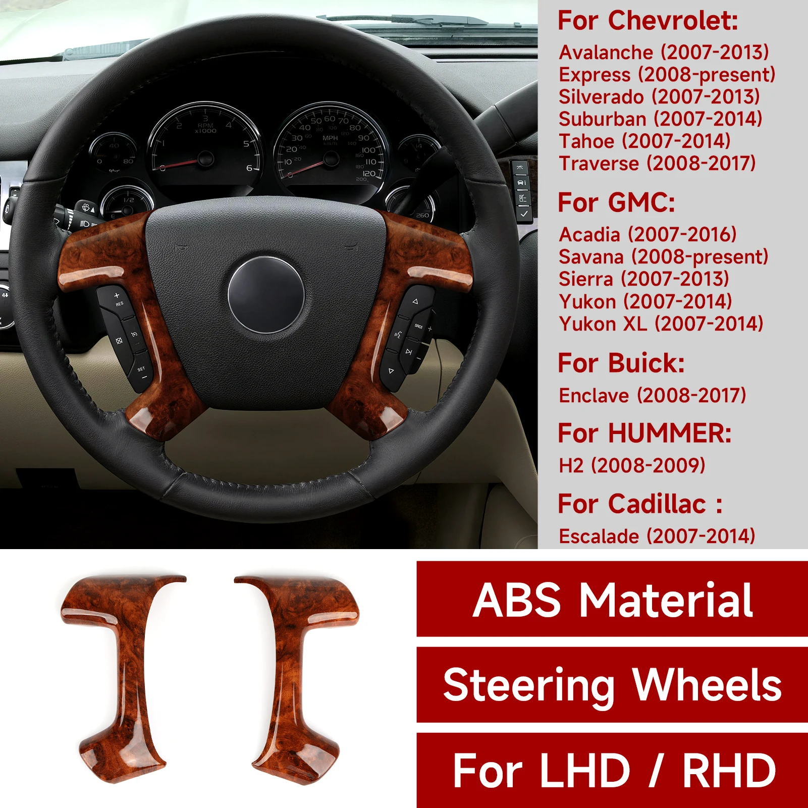 Para Buick Enclave/HUMMER H2/Cadillac Escalade/cubierta de Panel embellecedor para volante de coche, accesorios adhesivos interiores ABS de grano de madera