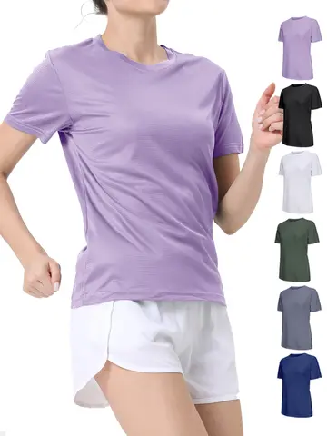 여성용 솔리드 컬러 초경량 빠른 건조 스포츠 티셔츠, 통기성 경량, 러닝 체육관 압축 셔츠