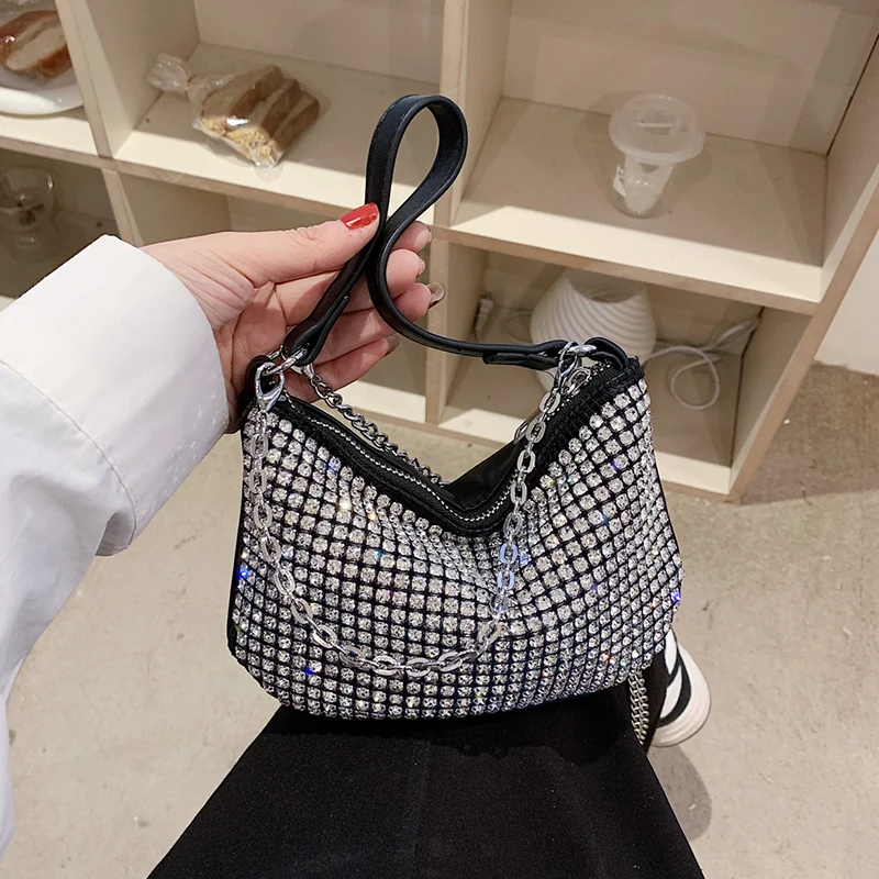 

Хобо с бриллиантами для женщин, 2023, женский клатч, дизайнерские брендовые роскошные сумки на плечо, кожаная блестящая сумка-хобо, сумка-мессенджер