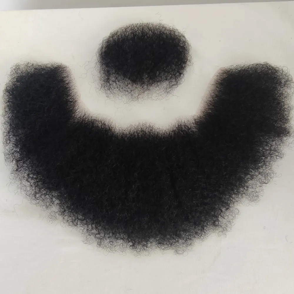 Human Hair Afro Curl Face Beard Mustache For American Men Realistic Makeup Lace Base Replace System 12 * 3Inch Black 1B