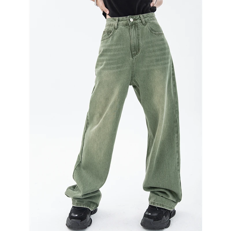 Vintage Green Women\'s Jeans Fashion Trousers Streetwear High Waist Wide Leg Summer Y2K Baggy Casual Straight Mom Denim Pants