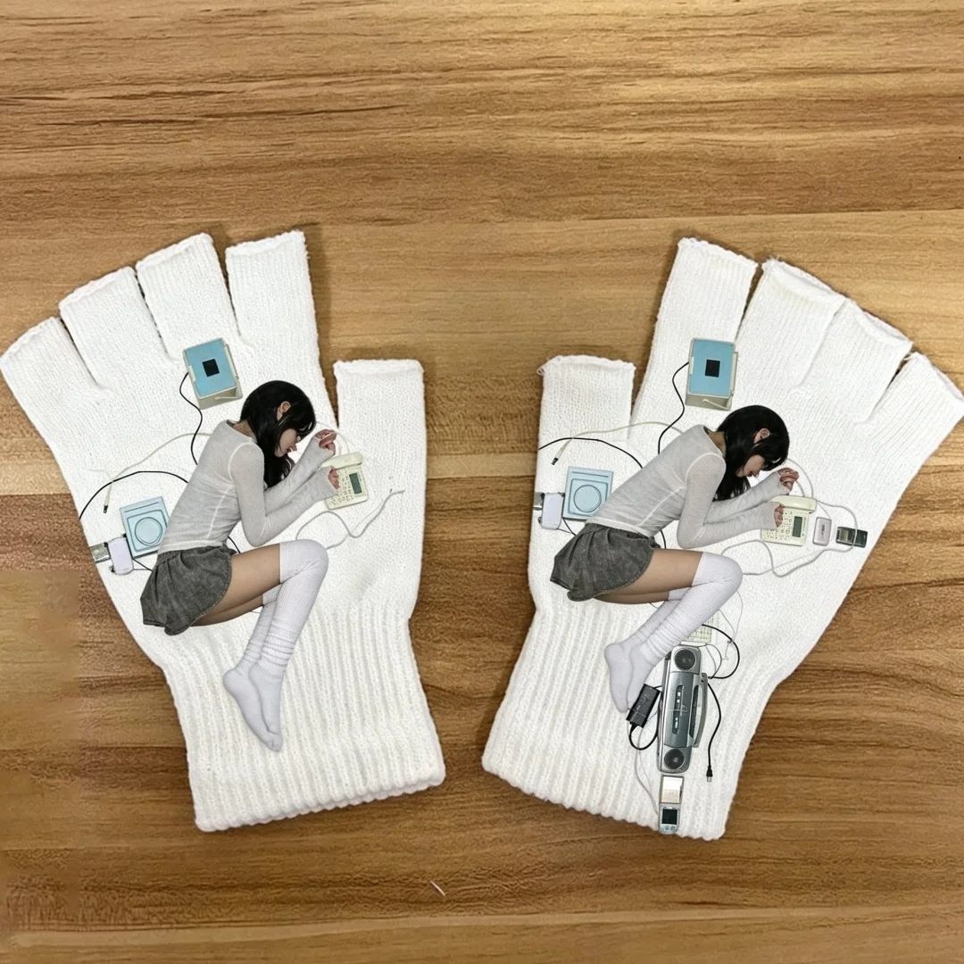 Millennium Nostalgic Electronics Collage Print Fingerless Gloves Subculture Y2K Style White Knit Warm Gloves