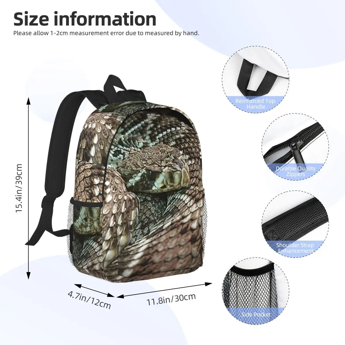 Snake, Coiled Diamondback Rattlesnake Backpack Student Boys Girls BookBag Men Women School Bag Computer Shoulder Bags