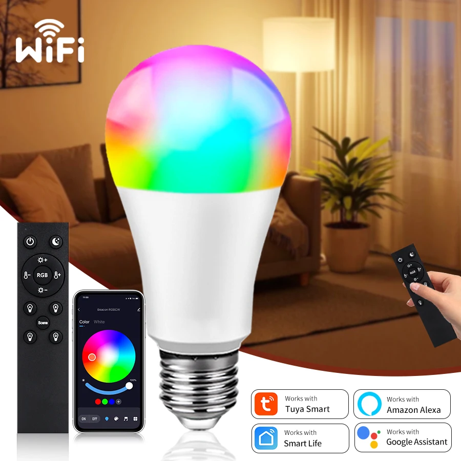 

Светодиодная лампа Tuya с Wi-Fi, 85-265 в, 12 Вт, 15 Вт, 18 Вт, E27, лампа Alexa RF 2,4G, дистанционное управление через Google Home, цветное домашнее освещение