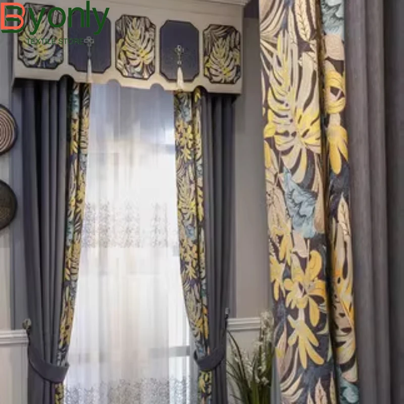 

American Plant Jacquard Chenille Mosaic Blackout Curtains for Living Room Bedroom French Window Balcony Customized Valance