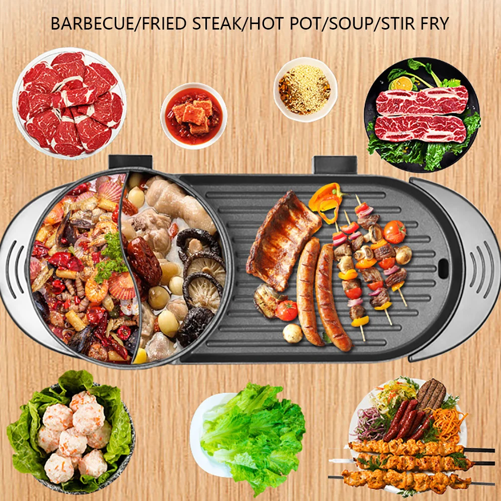 2 In 1 2200W Electric Non-Stick Hot BBQ Grill Soup Shabu Pot Barbecue BBQ Pan Grill Hot Pot