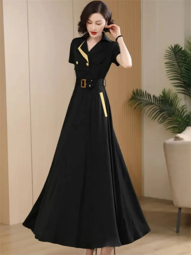 2023 Hepburn Style Summer Temperament High end Slim Fit Slim Covering Waistband High Contrast Color Dress Long Dress for Women