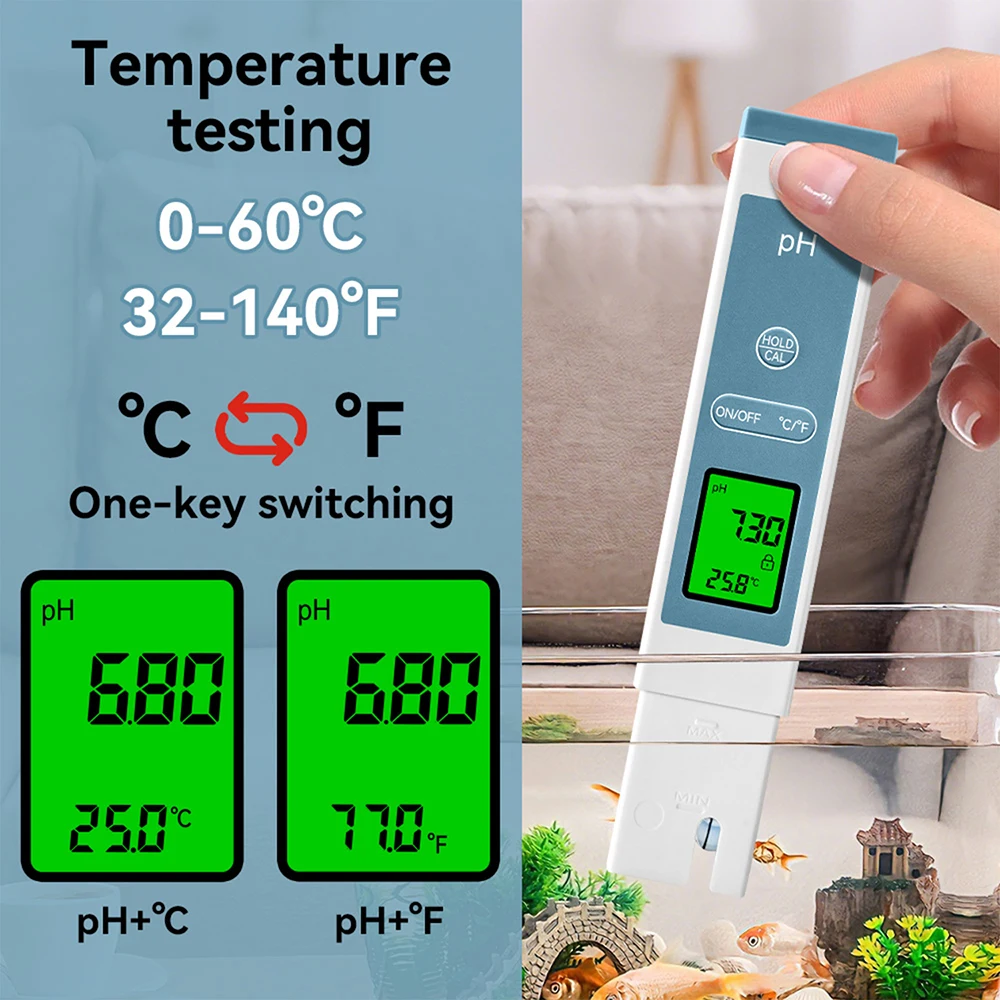 LCD Digital PH Meter Range 0–14.00 pH 0.01 High Precision Water PH Tester Pen Temp Meter Water Purity Analyzer with Backlight
