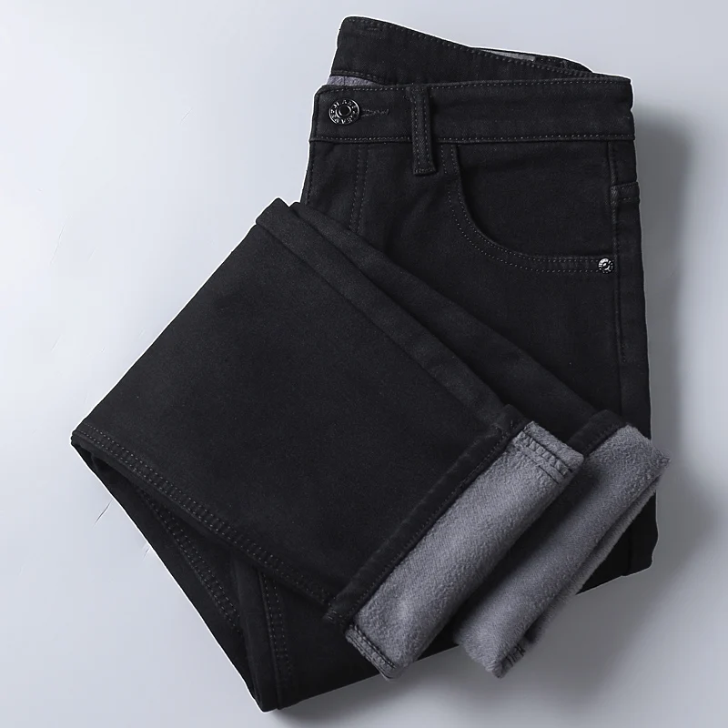 Autumn Winter Fleece Stretch Jeans Black Fashion Slim Comfortable Cotton Straight Trousers Warm Male Brand Clothing Denim Pants