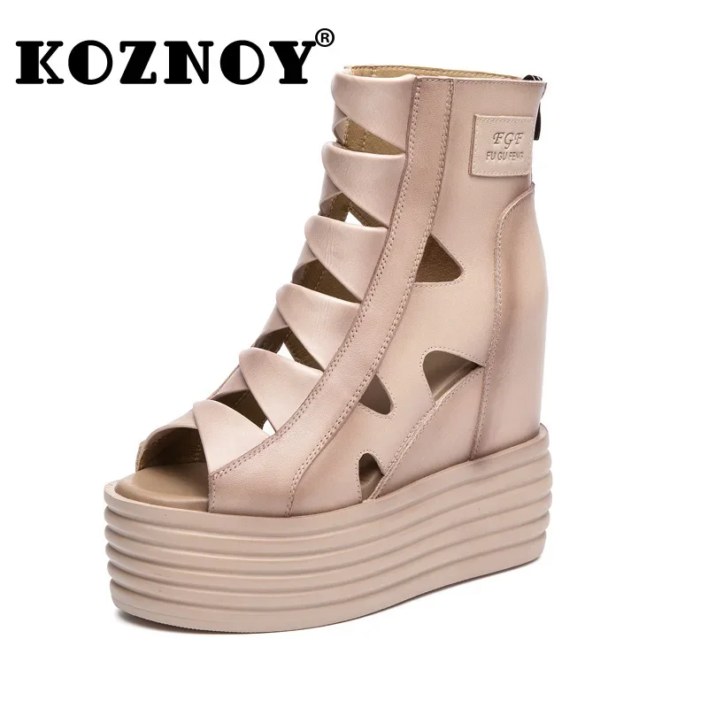 

Koznoy 10cm Women Boots Natural Cow Genuine Leather Ankle Platform Sandals Wedge Slides Hollow Breathable Elegant Summer Shoes