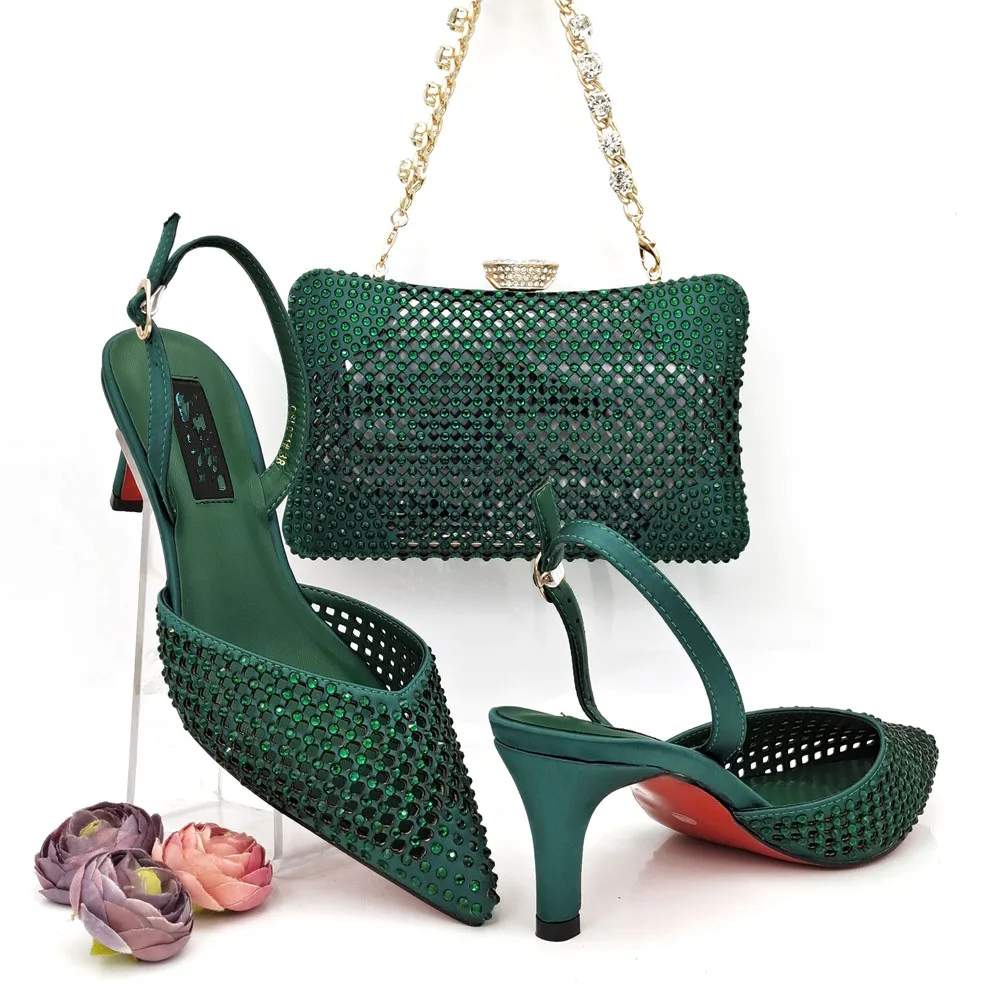 

Elegant Green Thin Heels 7CM Women Pointed Toe Shoes Match Crystal Handbag African Dressing Pumps And Bag Set QSL071