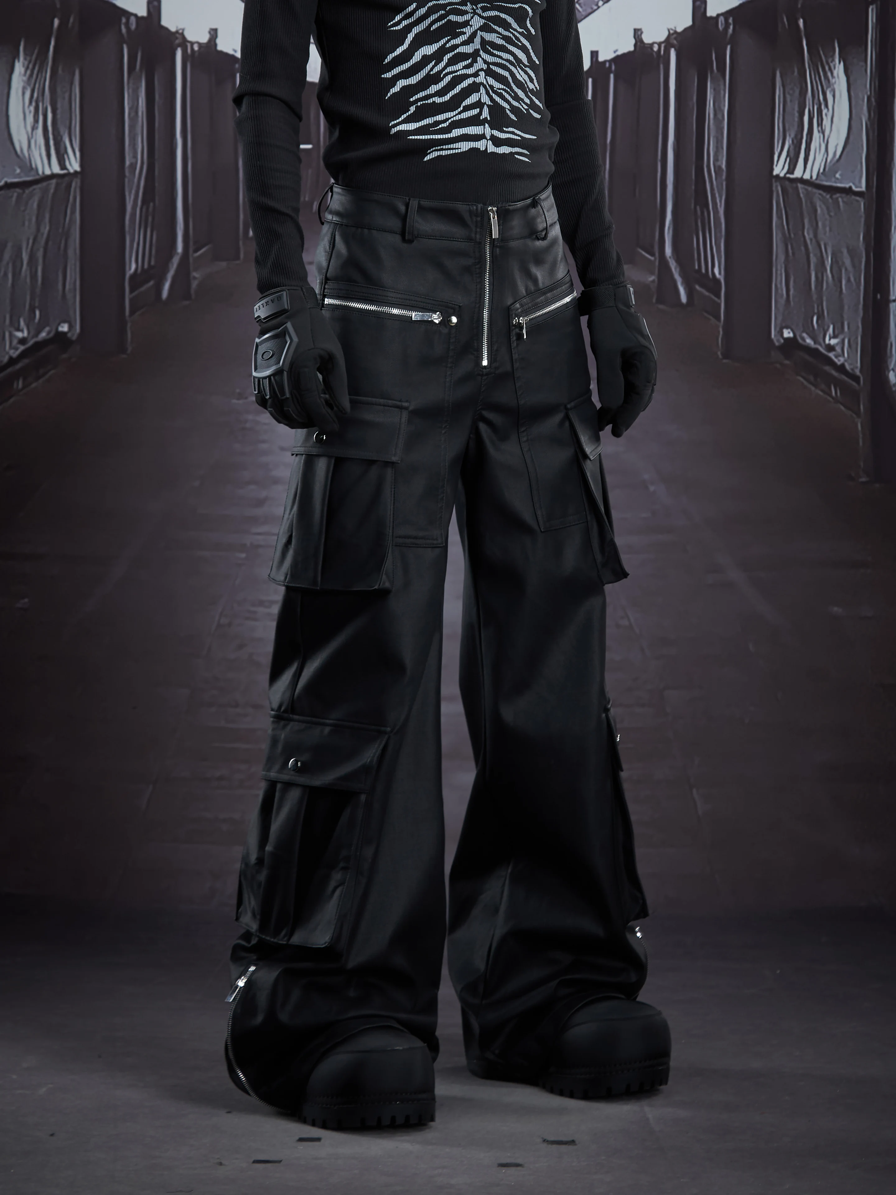 Special-Interest Design New Dark Niche Zipper Deconstruction Multi-Pocket Layer Heavy Industry Leather Pants Straight Mopping