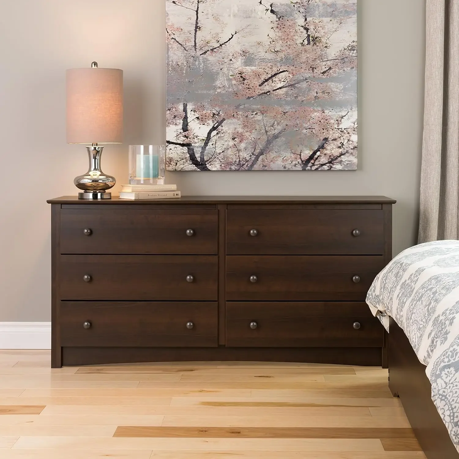 Fremont Bedroom Furniture: Espresso Double Dresser for Bedroom, 6-Drawer Wide Chest of Drawers, Traditional Bedroom Dresser