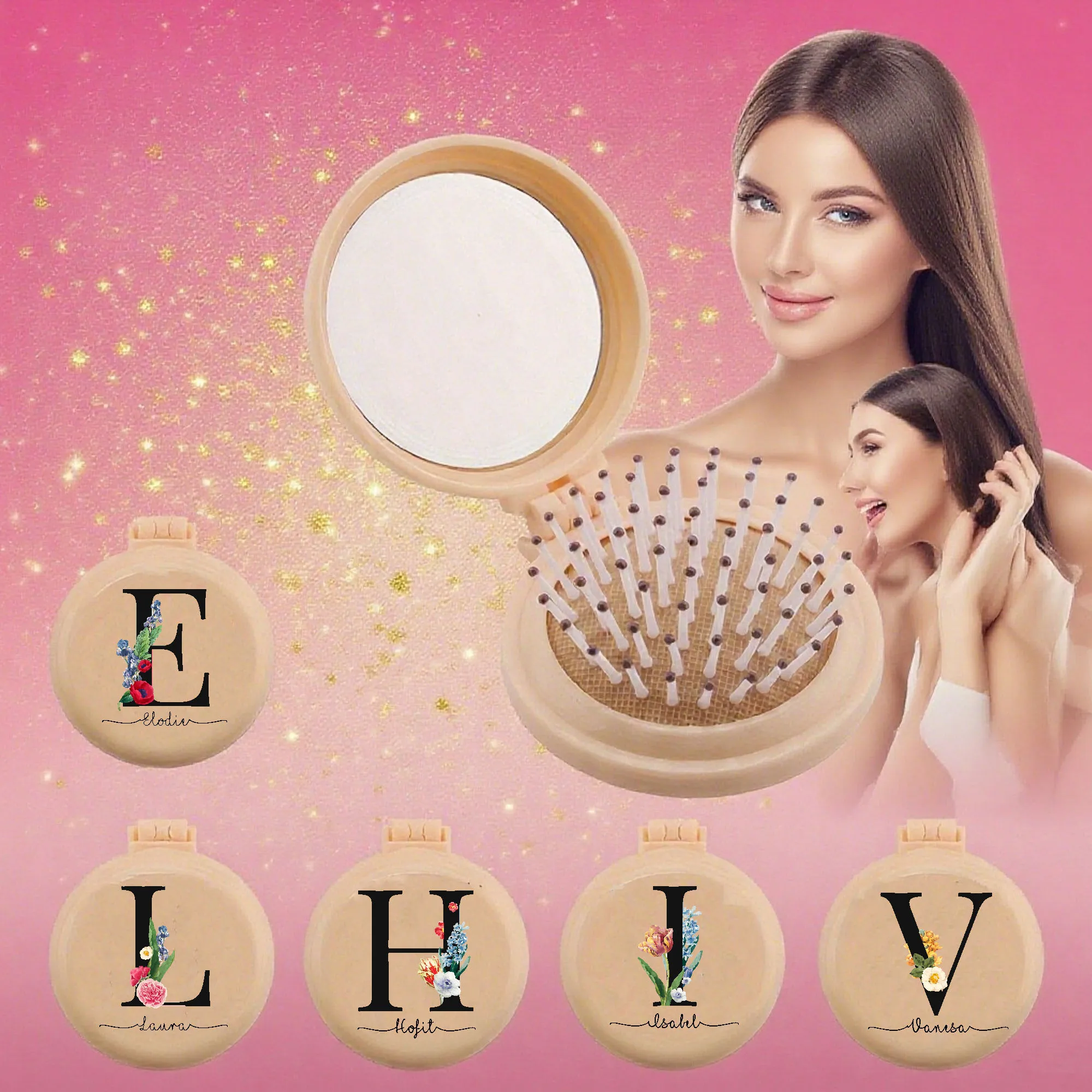 Personalisieren Sie den 26 Buchstaben-Hochzeits-Exklusiv-Blumen-Minikamm mit Spiegel, praktischer Mini-Luftkissenkamm für Mädchen, zusammenklappbarer Airbag-Kamm