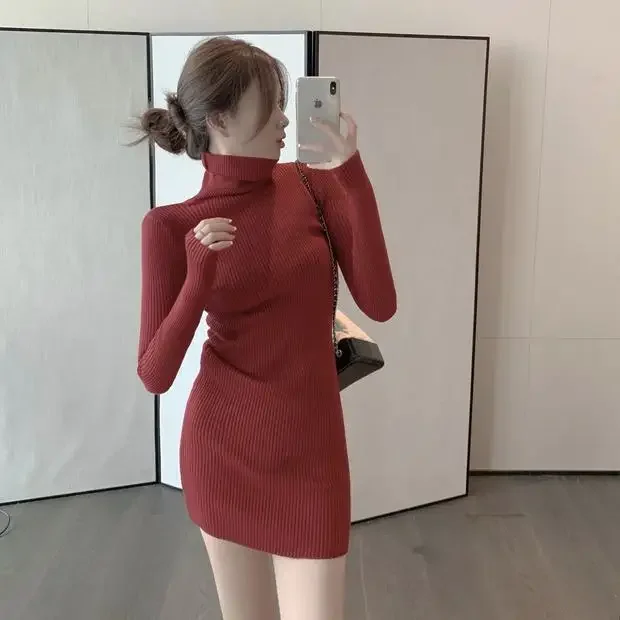 

Short Extreme Mini Turtleneck Clothing Crochet Red Female Dress Solid Women's Dresses Knit Bodycon Thic Hot Cheap Casual Trendy