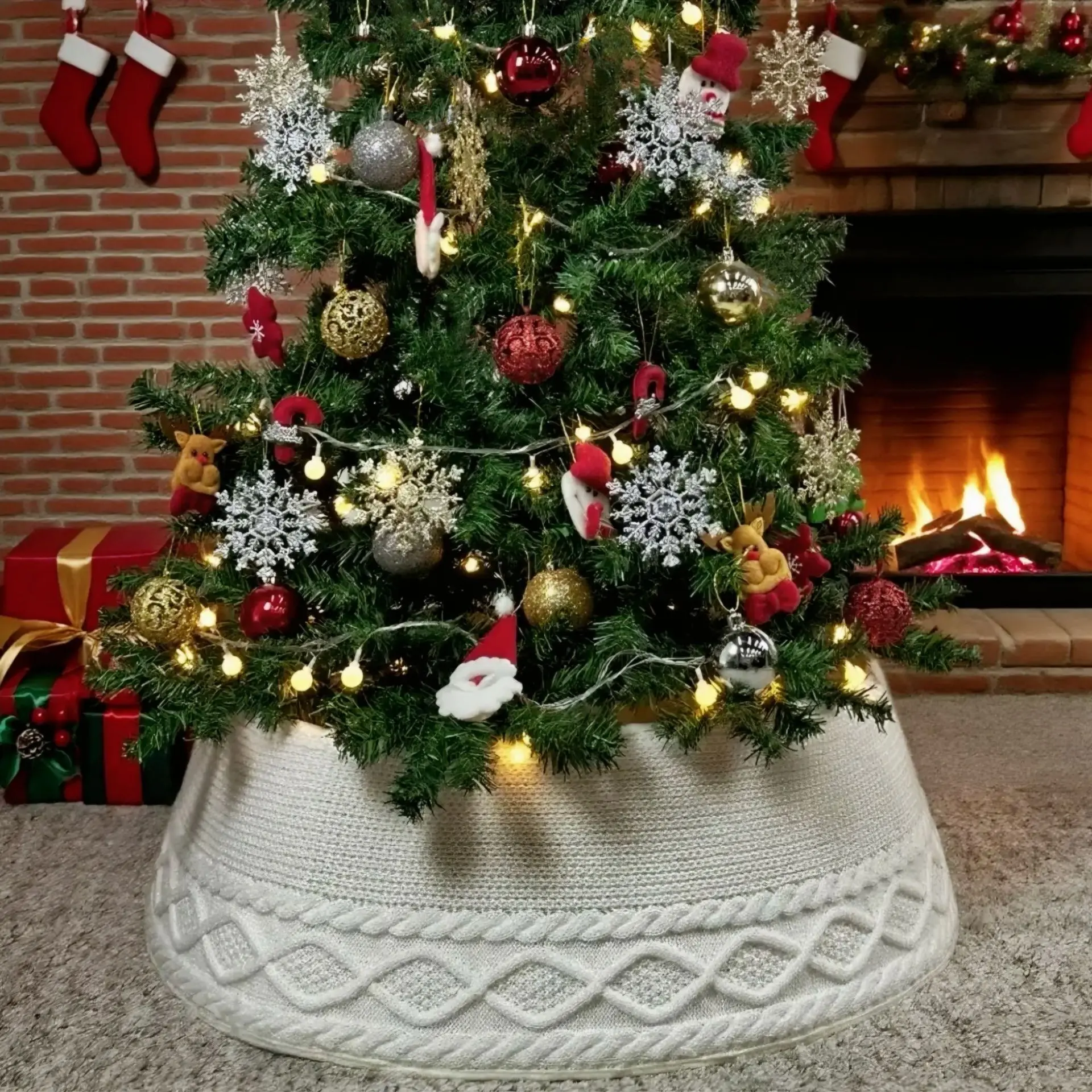 Christmas Tree Skirt Soft Knitted Yarn Modern Christmas Tree Skirt Rustic Christmas Decoration Elegant Ribbed Pattern For Garden