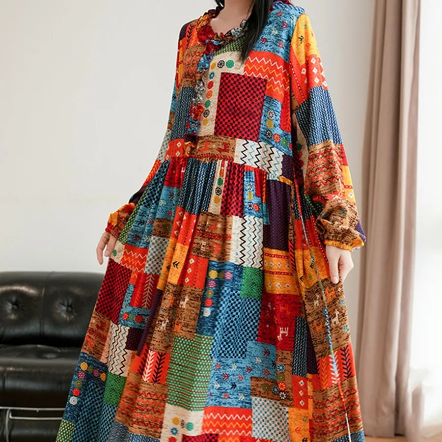 

Cotton Silk Family New Exotic Style Retro Long-sleeved Nightdress Cotton Silk Can Be Worn Outside Holiday Style Women's Dress