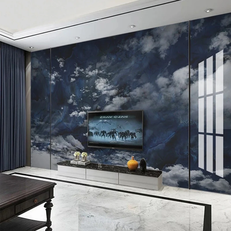 Custom 3D Photo Dark Blue Sky White Cloud Marble Pattern Wallpaper for Living Room TV Background Wall Non-woven Mural Home Decor