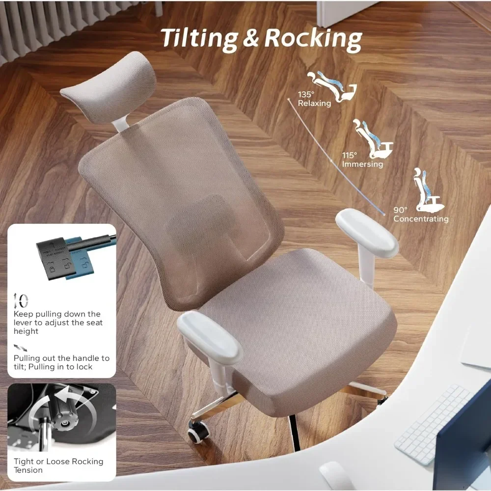 Silla ergonómica de escritorio para el hogar, asiento de escritorio de malla para ordenador, oficina en casa con reposacabezas ajustable y soporte Lumbar