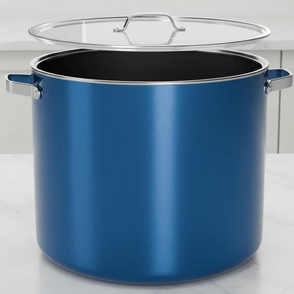 

16-литровая кастрюля с керамическим покрытием и крышкой, с антипригарным покрытием, легко очищаемая, безопасная для духовки 500 ° F, синяя посуда, совместимая с всех плит