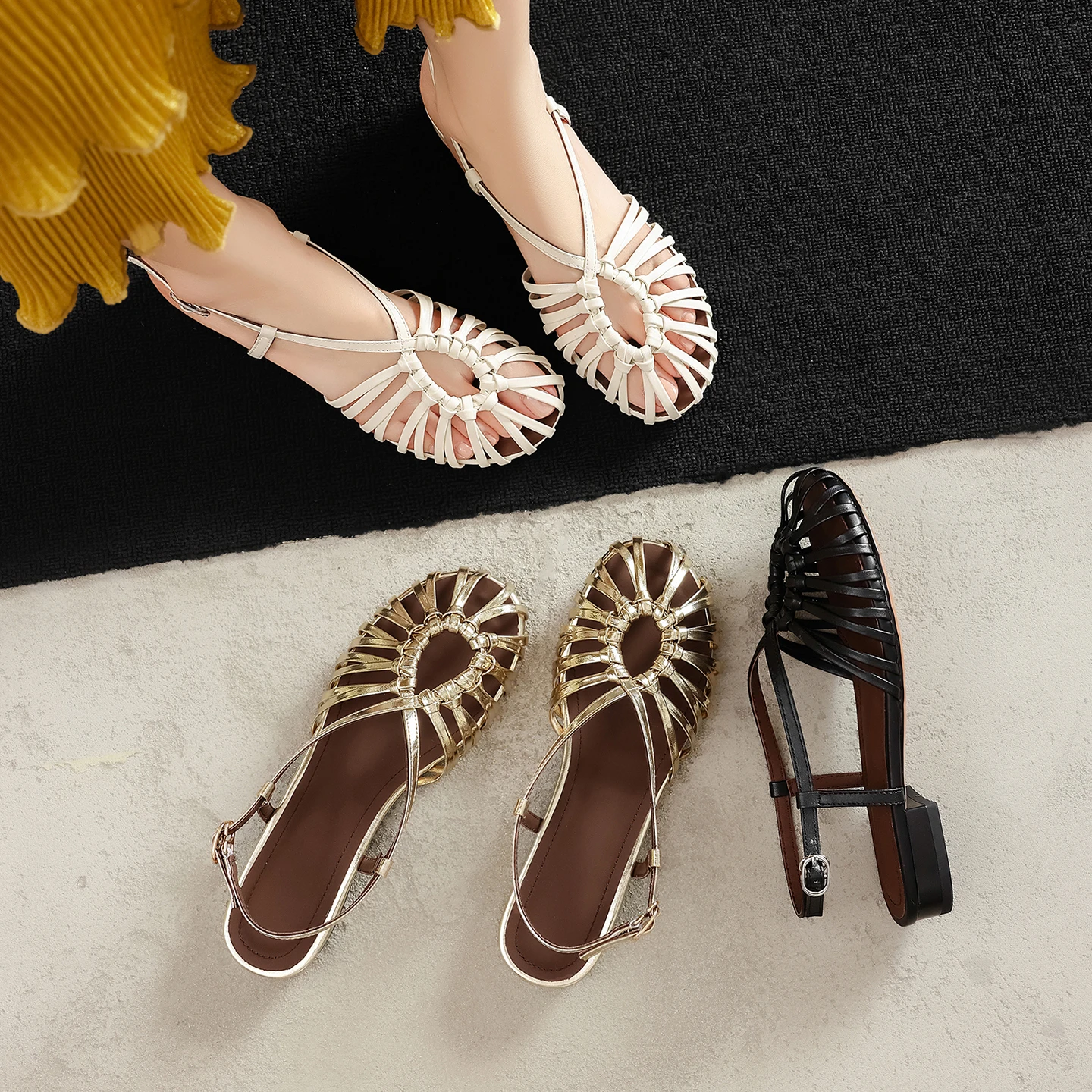 2026 new summer women sandals natural leather 22-25cm split leather+weave+sheepskin cross-strap back-buckle women shoes fashion