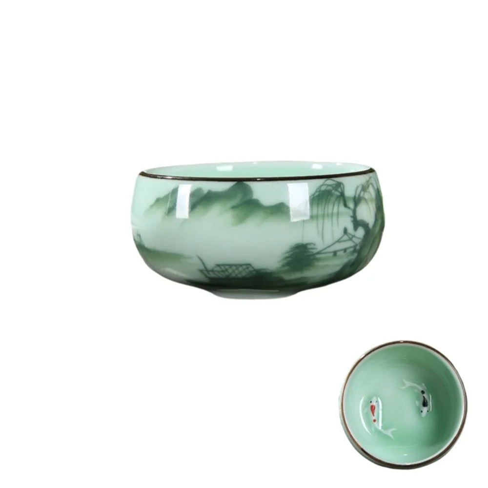 Hand-painted Landscape Pattern Chinese Traditional Celadon Teacup Double-fish Ceramic Master Cup 55 ML Vintage Kung Fu Tea Cup