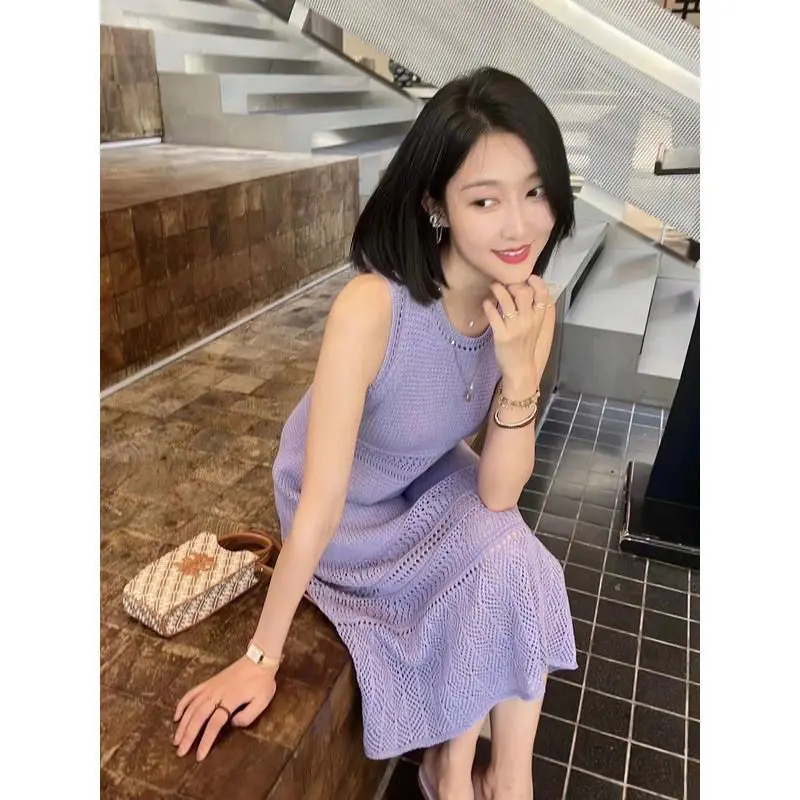 Summer Sanya Thailand Purple Sleeveless A-piece Dress Women 2024 Summer Little Fresh Knitting Fairy Vacation Beach Skirt