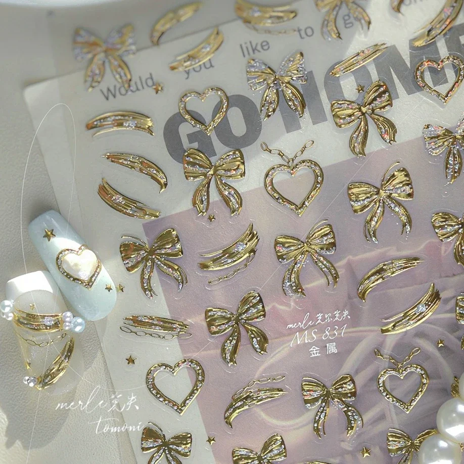 

Sparkle Paint in Gold Bowknot Streamer Ribbon shiny Line Heart Love Chic Delicate Nail Art Stickers Manicure Decals Decorations