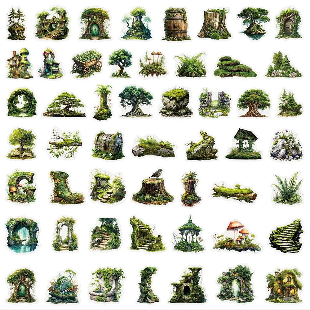 10/30/50pcs Vintage Green Plant Forest Stickers Cartoon Transparent Sticker DIY Scrapbook Luggage Phone Diary Decals Decoration