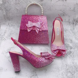 BS1706  Luxury Custom Handmade Bridal Wedding Shoes Fuchsia Pink Crystal African Nigerian Italian Shoes With Matching Bag Set