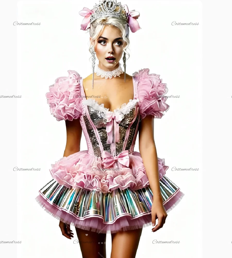 

Уникальное серебристо-розовое лазерное вечернее платье 2026, мини-короткий костюм с оборками и рукавами, платье для выпускного вечера, сексуальное коктейльное платье в стиле Лолиты для выпускного вечера