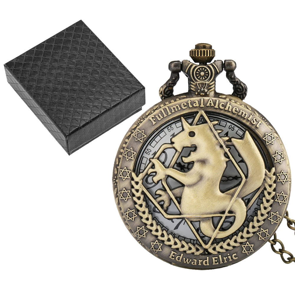 

Hot Vintage Bronze Fullmetal Alchemist Half Hunter Pocket Watch with Watch Box Quartz Necklace Watches Pendant Pocket Clock Gift