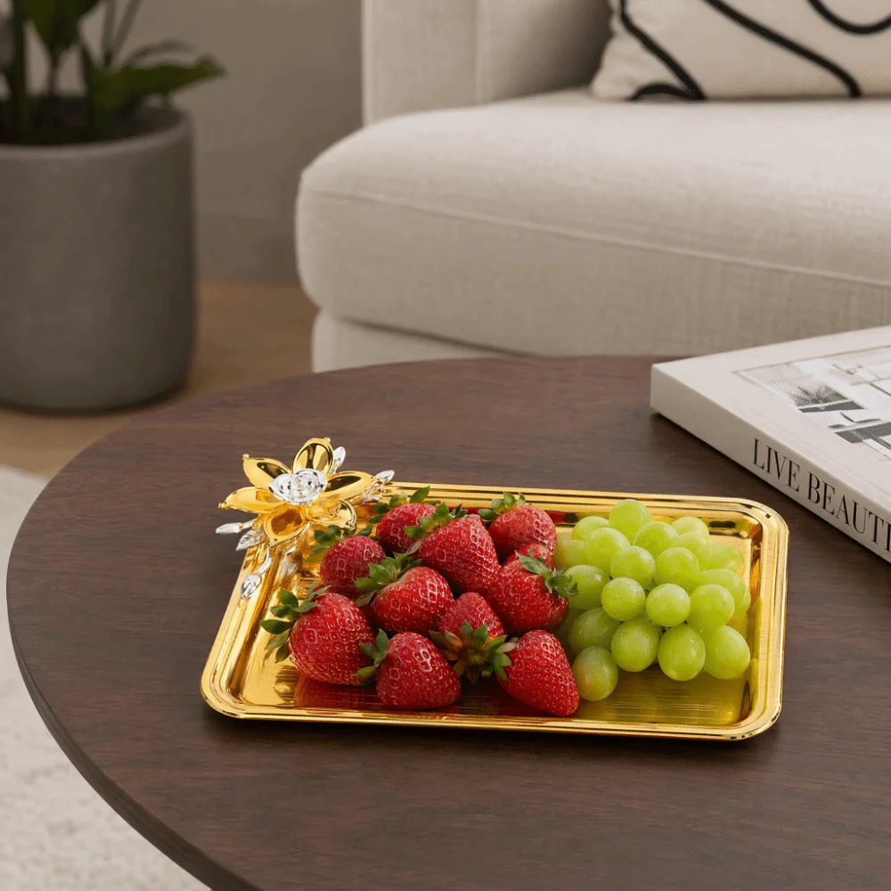 2pcs European Table Serving Tray Floral Decor Light Luxury Food Service Tray Alloy Rectangular Rectangular Serving Tray For KTV