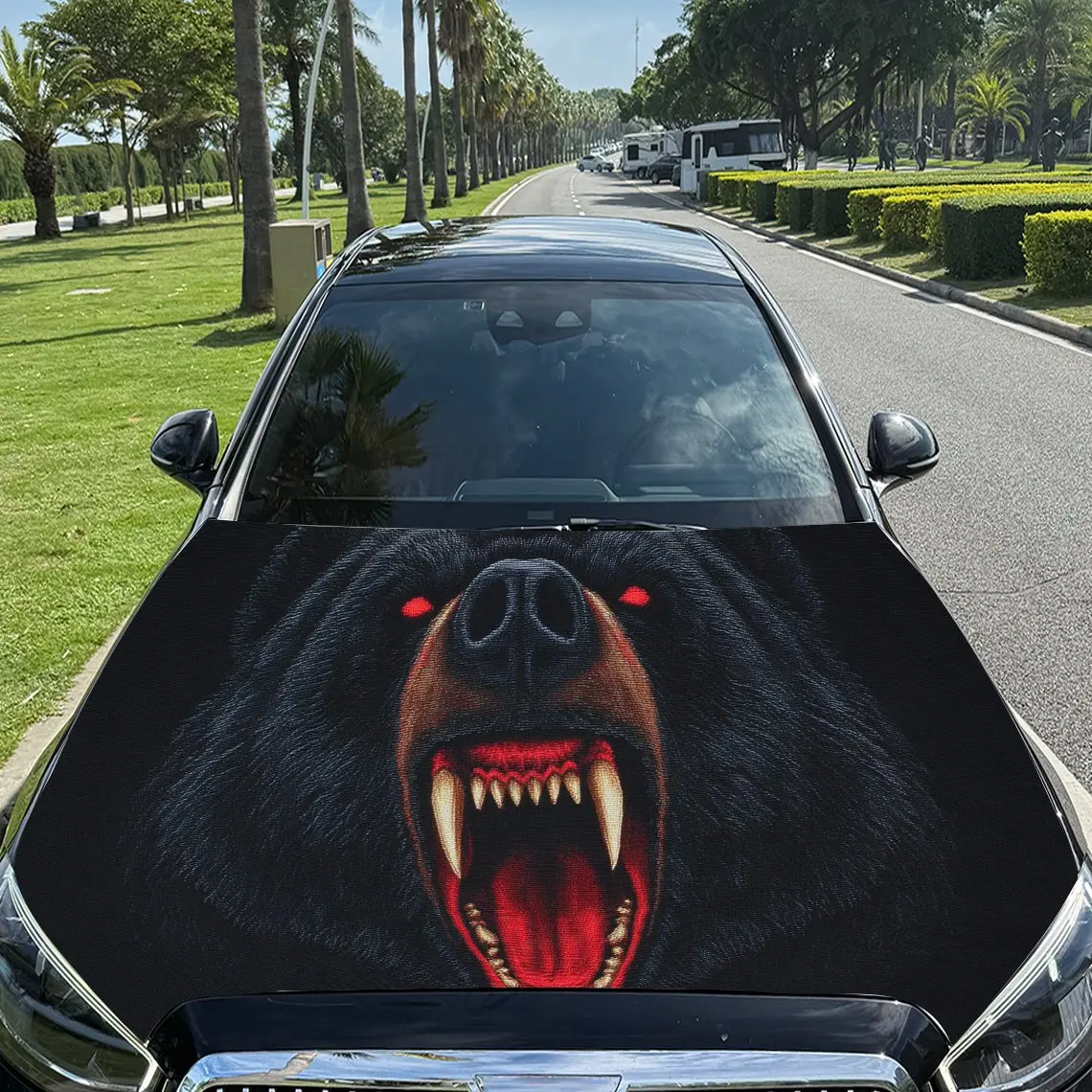 

Artistic Furious Red Eye Black Bear PVC Car Hood Wraps, Self-Adhesive Waterproof Car Bonnet Decal Sticker, Car Decoration Protec