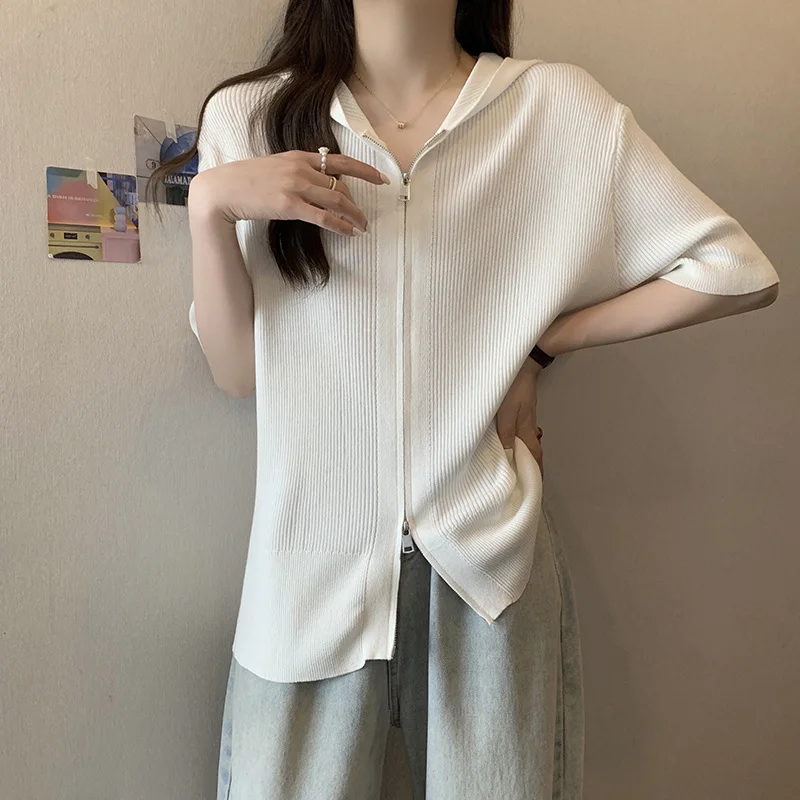 XL-4XL Large Size Zipper Hooded Cardigan Women 2023 Summer Loose Knitted Tops Short Sleeve Oversize Hoodies Ice Silk Sweater