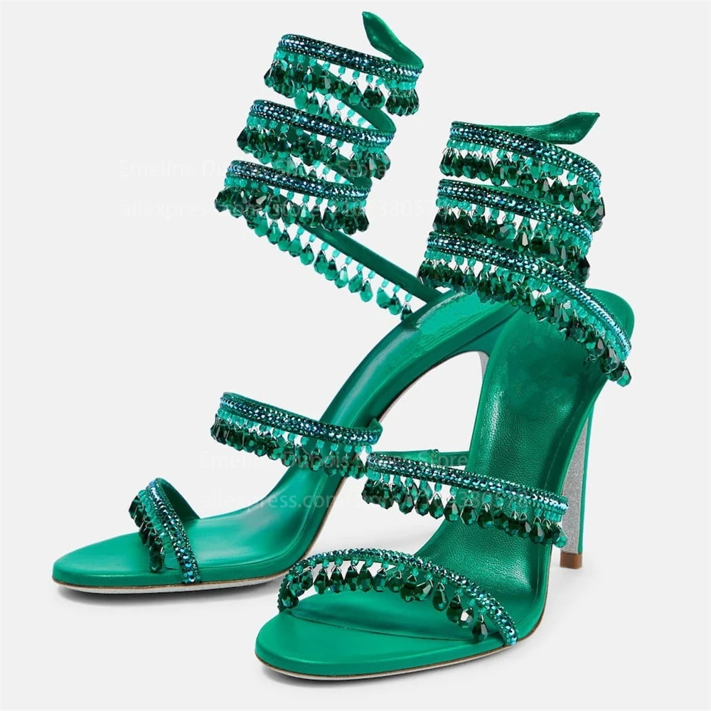 Satin Crystal Tassel High Heel Sandals Ankle Cross Strap Chandelier Rhinestone Stilettos Party Wedding Prom Women Dress Shoes view 5