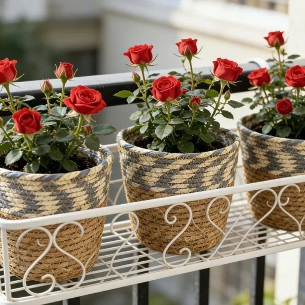 New Rattan Straw Woven Straw Plant Basket Handmade Woven Plant Containers Rattan Flower Pot Storage Basket