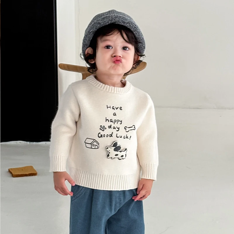 

2025 Autumn Toddler Cartoon Dog Sweater 1-5Y Kids Knit Top Soft Warm Baby Boy Girl Clothing