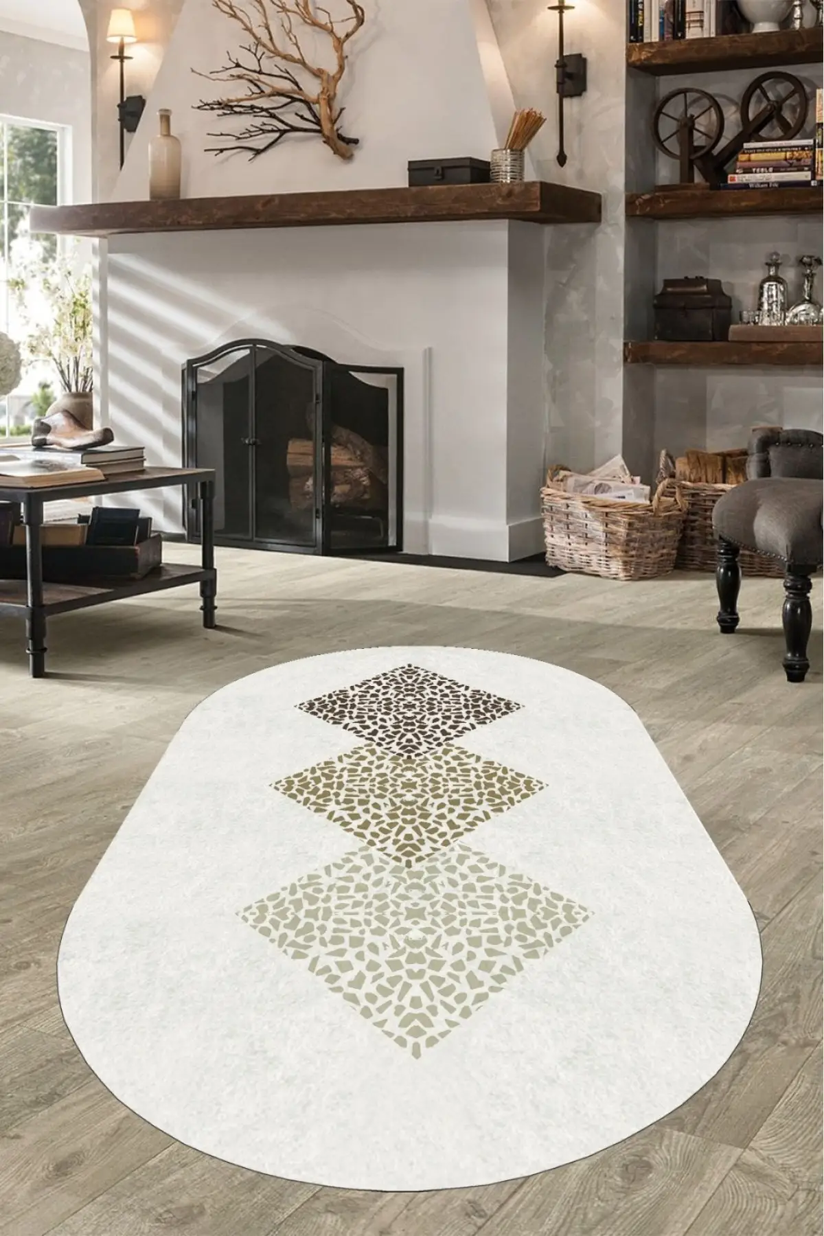 

DOLBOVI square stone patterned white Oval carpet (non-slip leather base machine washable 180x)-Cp1062