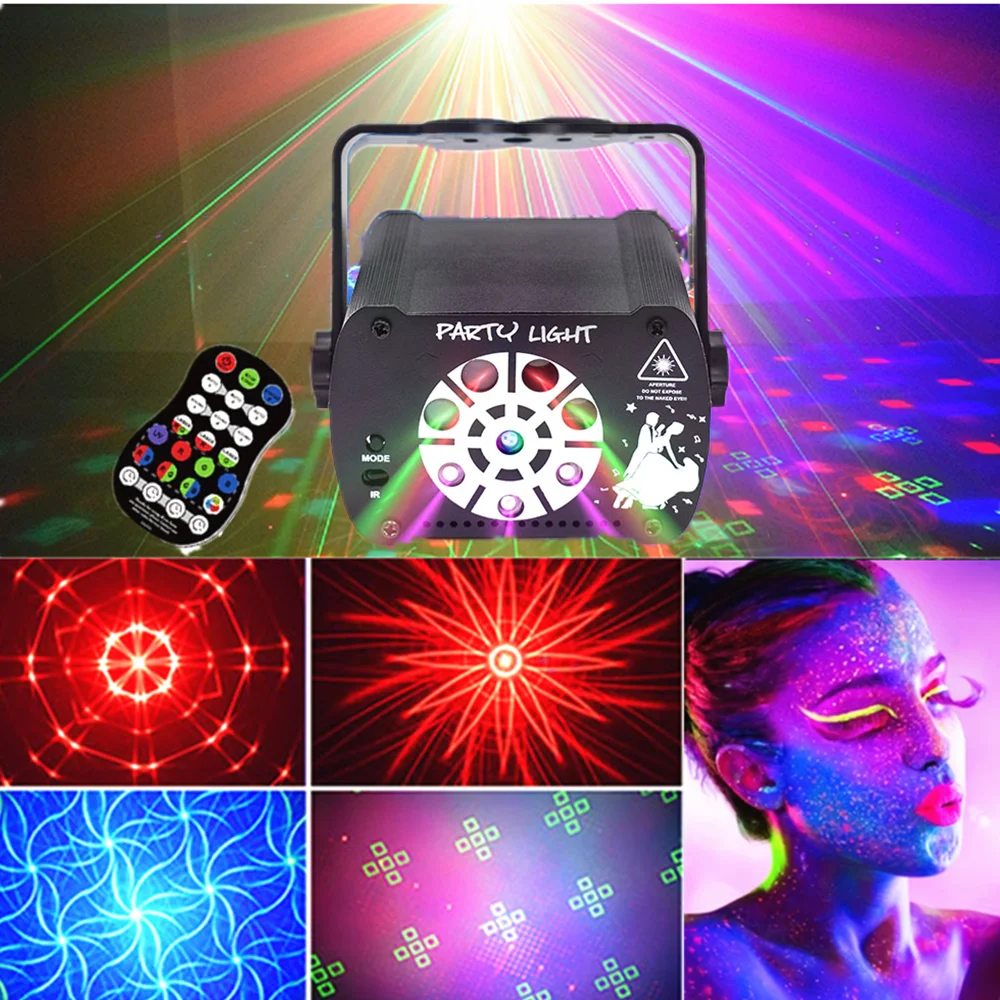 

8hole 3in1 UV Disco DJ Party Light Laser Strobe Projection Lamp With Remote Sound ActivationFor Family Gatherings Ambient Light