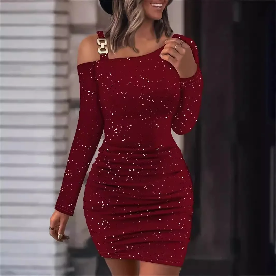 

2025 Autumn and Winter New Women's Solid Color Sequined Slim-fitting Oblique Collar Hip Dress Vestidos De Mujer