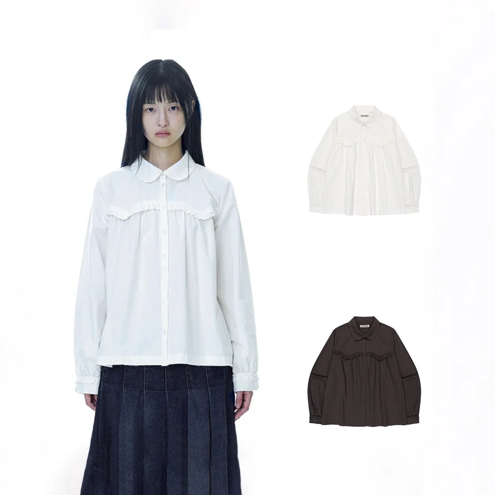 

Coyseio Korean Sle Long Sve Doll Collar Ruffle Hem Loose Fit irt Pure Color Autumn Collection Ciwalk Casual Wear