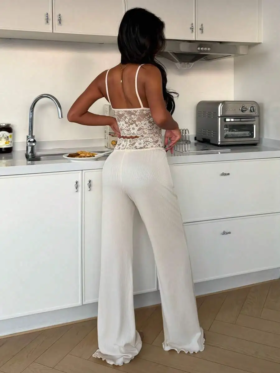 

Women 2pcs Lace Camisole And Wide Leg Pants Pajama Set Summer Nightwear